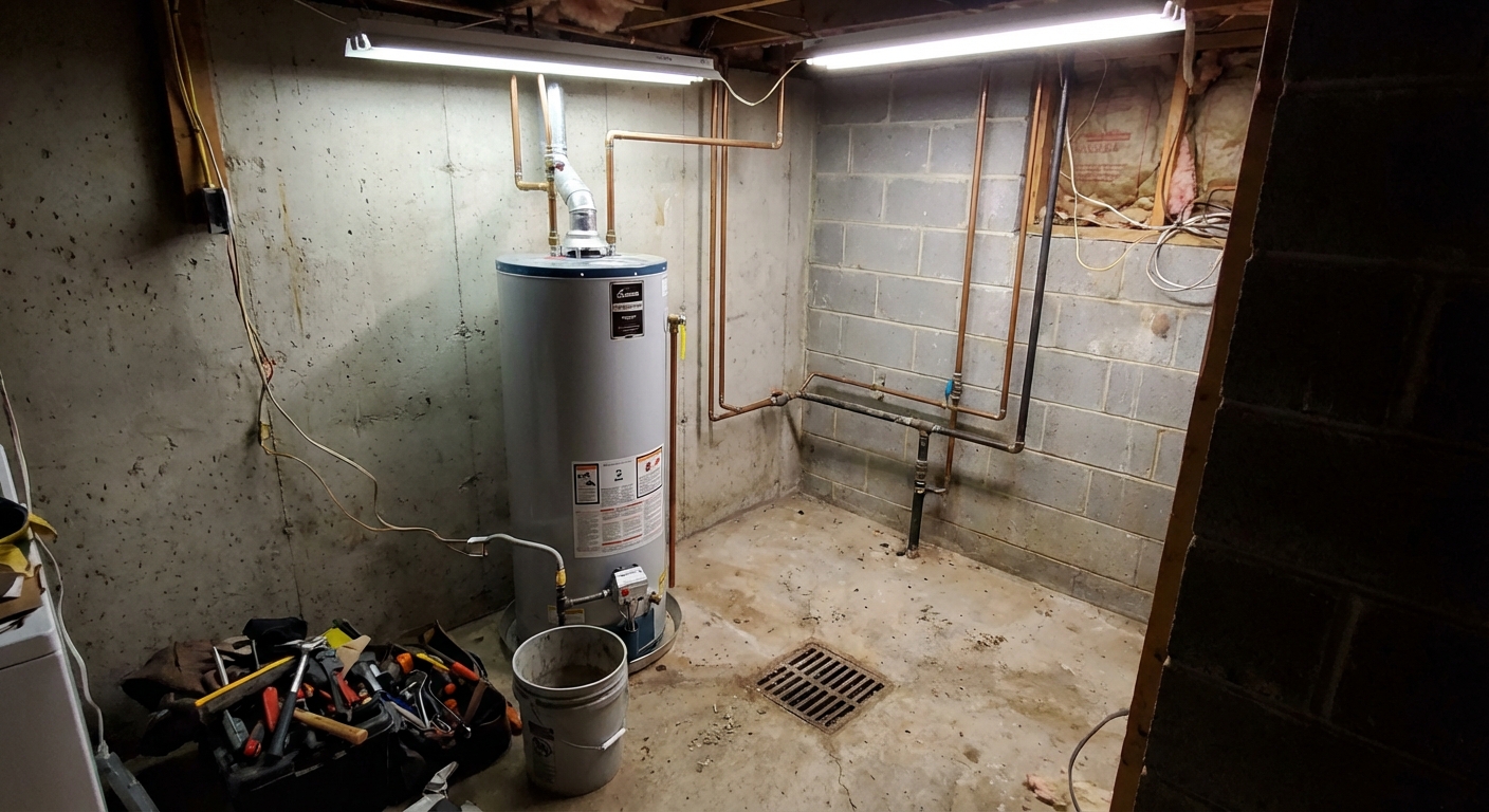 A standard residential tank water heater installed in a basement utility area with exposed copper piping and a floor drain nearby, realistic indoor home repair photo