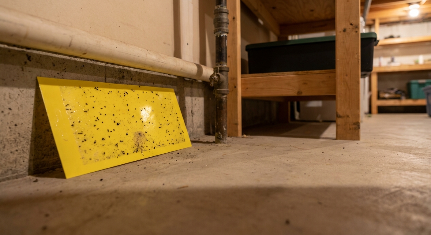 A sticky insect trap placed along a basement baseboard in a utility area, photographed at floor level with soft indoor lighting, photorealistic