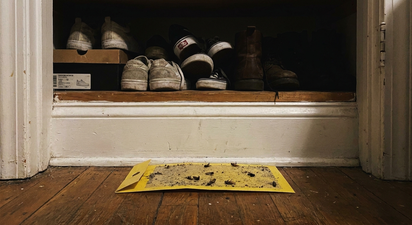A sticky insect trap placed tight against a baseboard inside a dim closet with shoes on a shelf above