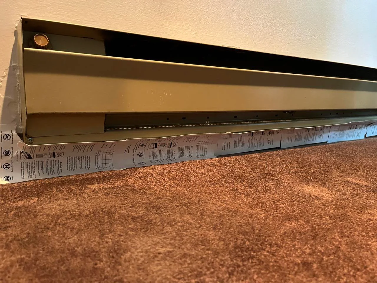 A sticky trap placed flat on the floor tight against a baseboard in a quiet indoor corner