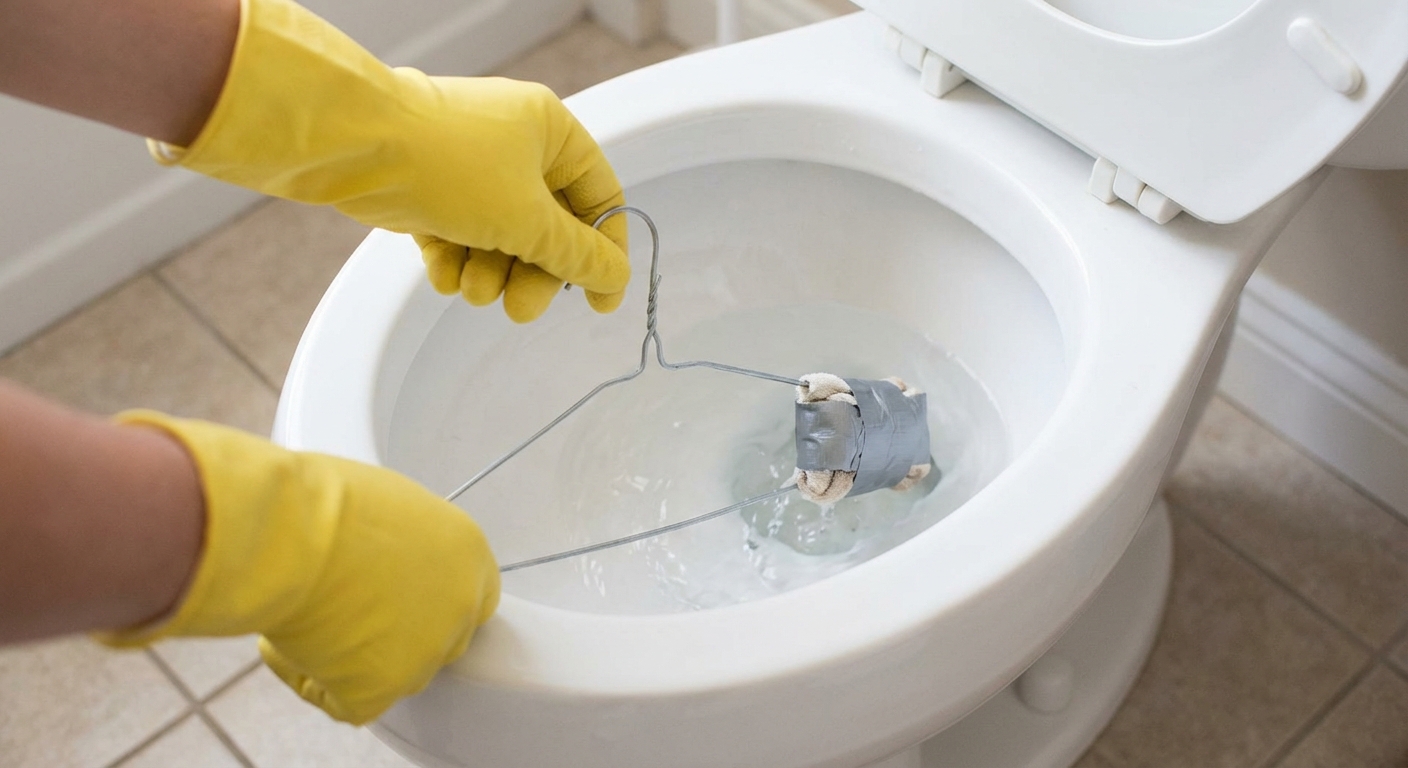 A straightened wire clothes hanger with a small cloth wrapped and taped around the end being carefully inserted into a toilet bowl by a homeowner wearing rubber gloves, close-up, photorealistic