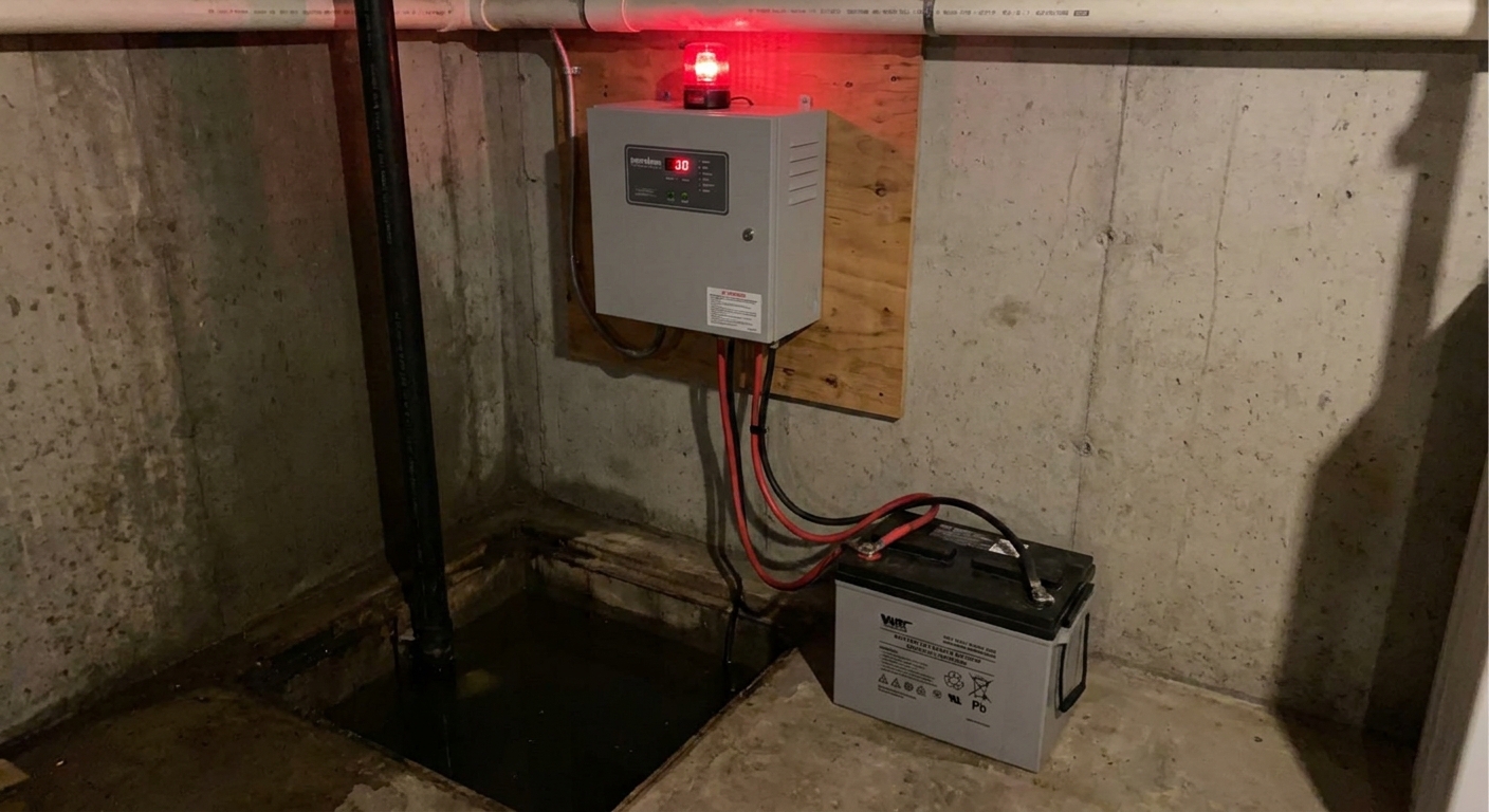 A sump pump battery backup control unit mounted above a sump pit in a basement, with an alarm light visible and battery cables running to a sealed battery on the floor