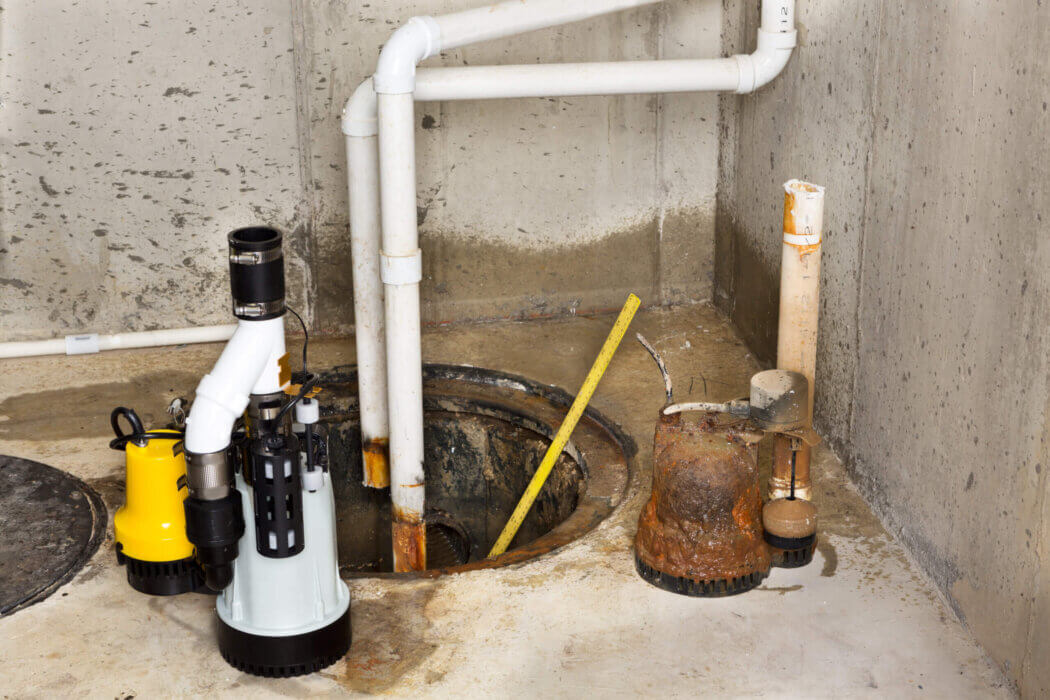 A sump pump lifted out of a sump pit with debris and small stones stuck around the intake screen, photographed on a concrete basement floor