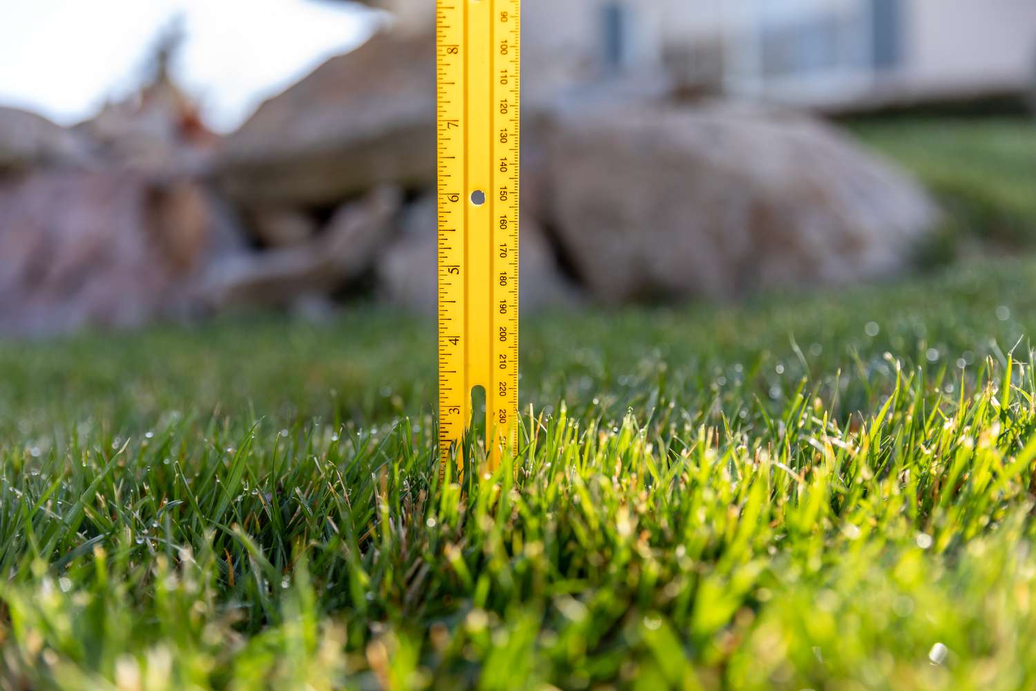 A tape measure held next to tall cool-season grass showing a mowing height close to four inches