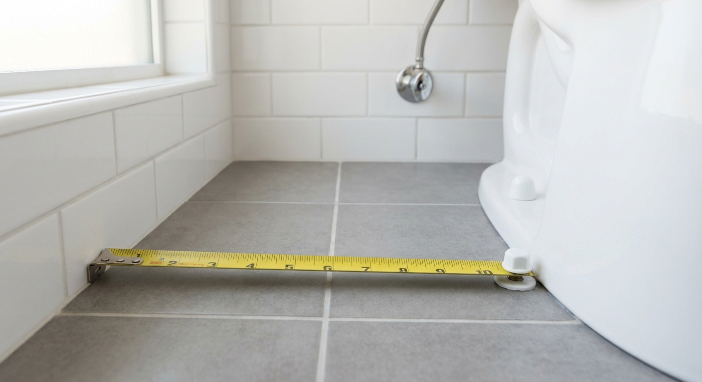 A tape measure on a bathroom floor measuring from the finished wall to a toilet bolt location