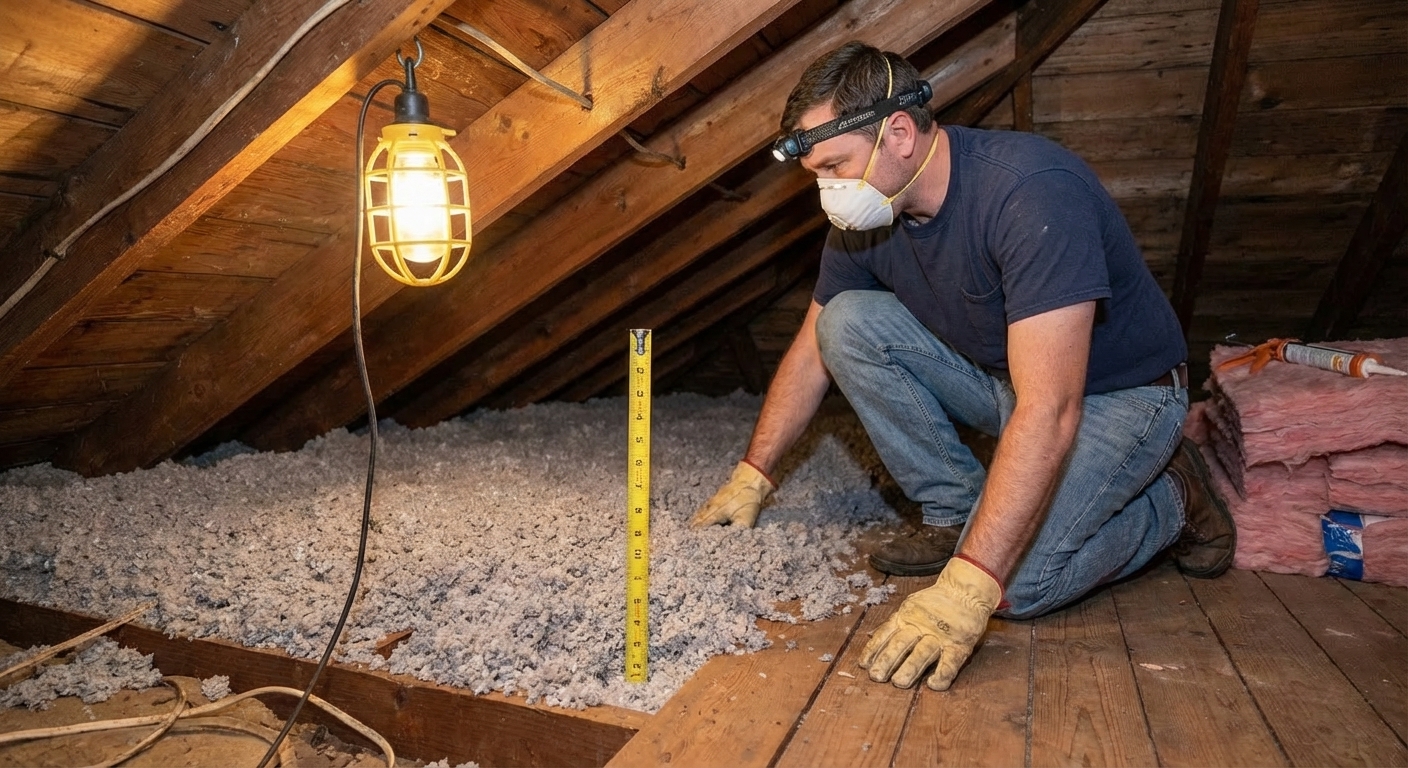 A tape measure standing upright in loose-fill insulation on an attic floor, with ceiling joists and rafters visible in the background, photorealistic home inspection scene