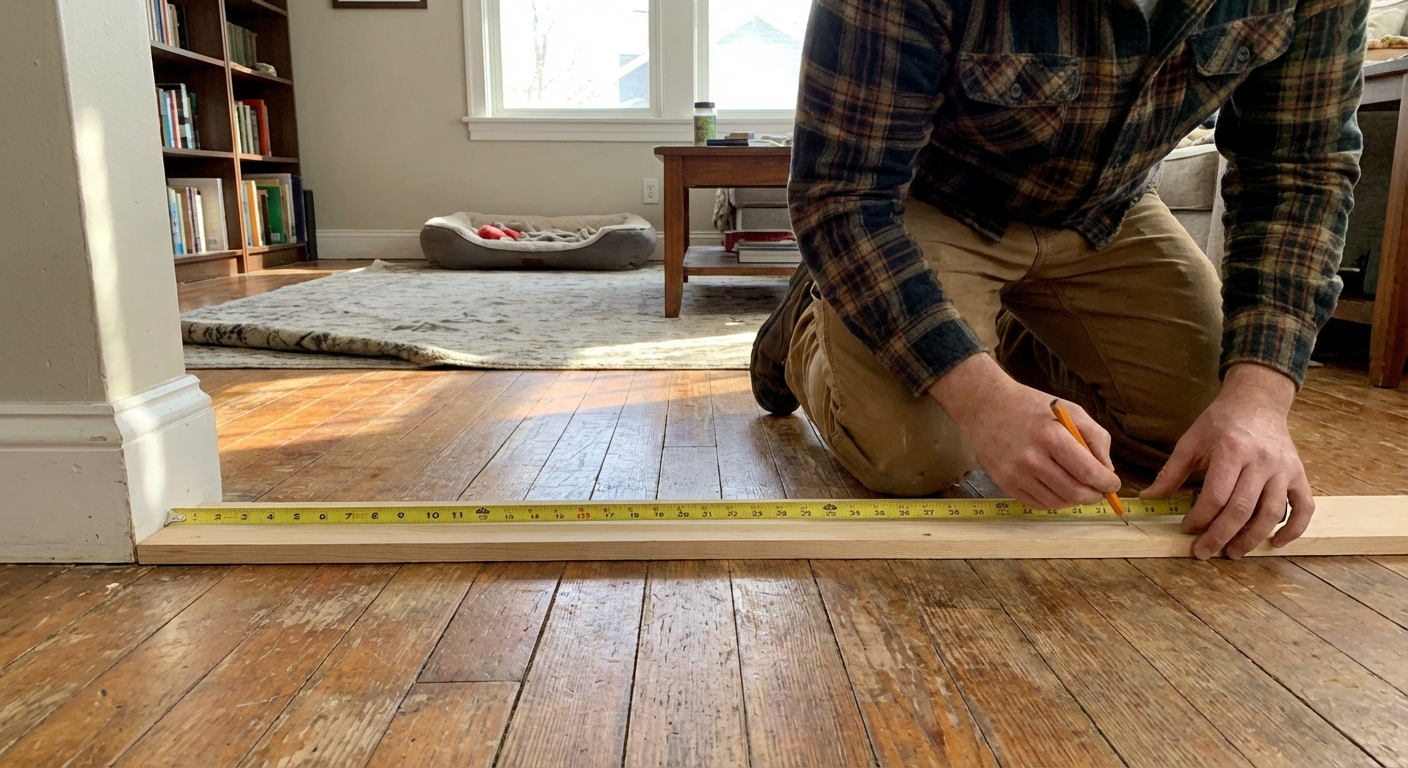 A tape measure stretched along a wall at floor level while a person marks a pencil line on a new baseboard, showing careful measuring in a lived-in room