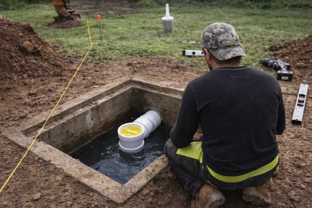 A technician kneeling beside an opened septic tank access lid, looking into the tank opening during a routine service visit, real photo