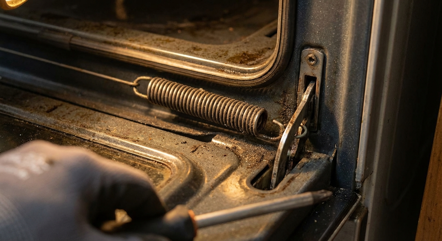 A technician-style close-up of a metal tension spring connected to an oven door hinge mechanism inside the lower frame area, realistic indoor lighting, photorealistic