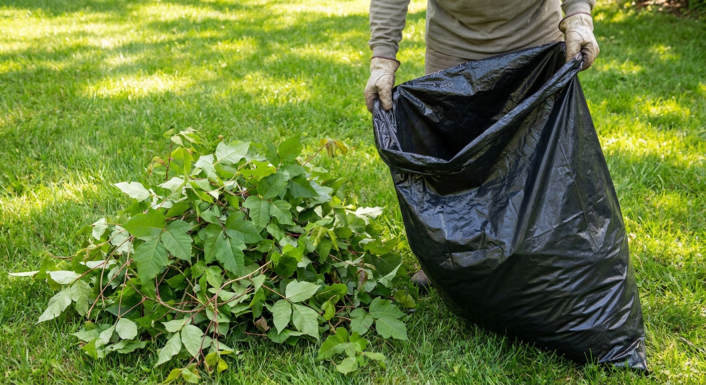 A thick black contractor trash bag being held open next to a small pile of freshly cut poison ivy vines and leaves on a lawn