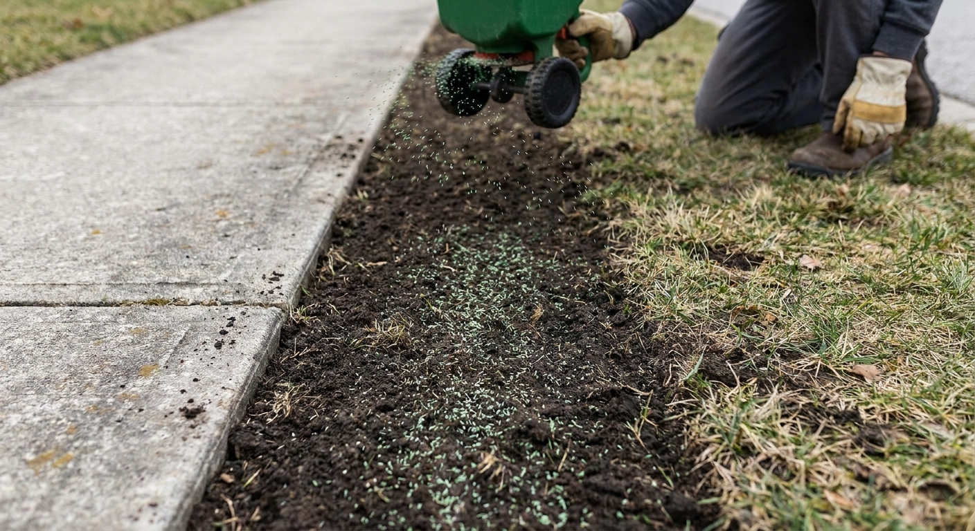 A thin lawn strip beside a concrete sidewalk being overseeded with grass seed on lightly loosened soil