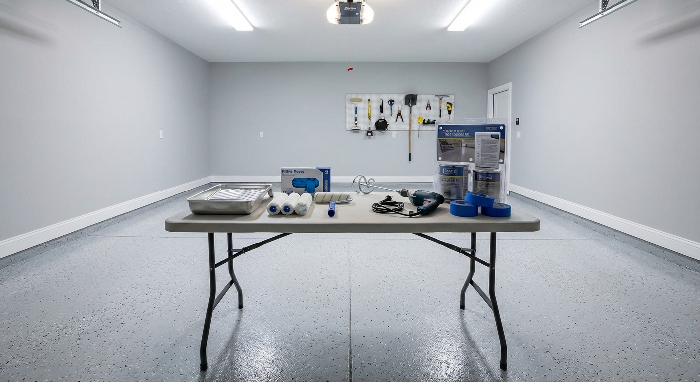 A tidy garage work area with a paint roller tray, roller covers, nitrile gloves, a mixing drill with paddle, painter's tape, and an epoxy kit laid out on a folding table, photorealistic DIY setup