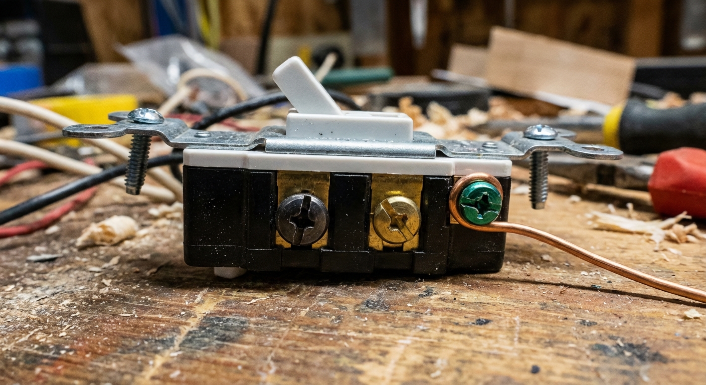 A tight close-up photo of the side of a three-way light switch on a workbench showing the darker common screw and two brass traveler screws, with a bare copper ground wire attached to the green screw, sharp focus, realistic DIY workshop lighting