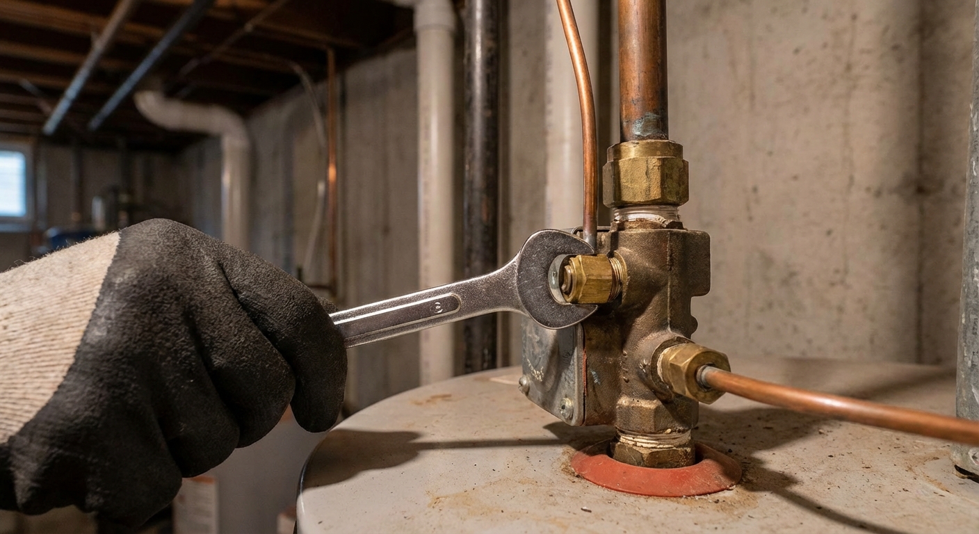 A tight, real-life photo of a gas water heater control valve showing the thermocouple nut connection and pilot tube connection, with a hand holding an open-end wrench, indoor utility room lighting