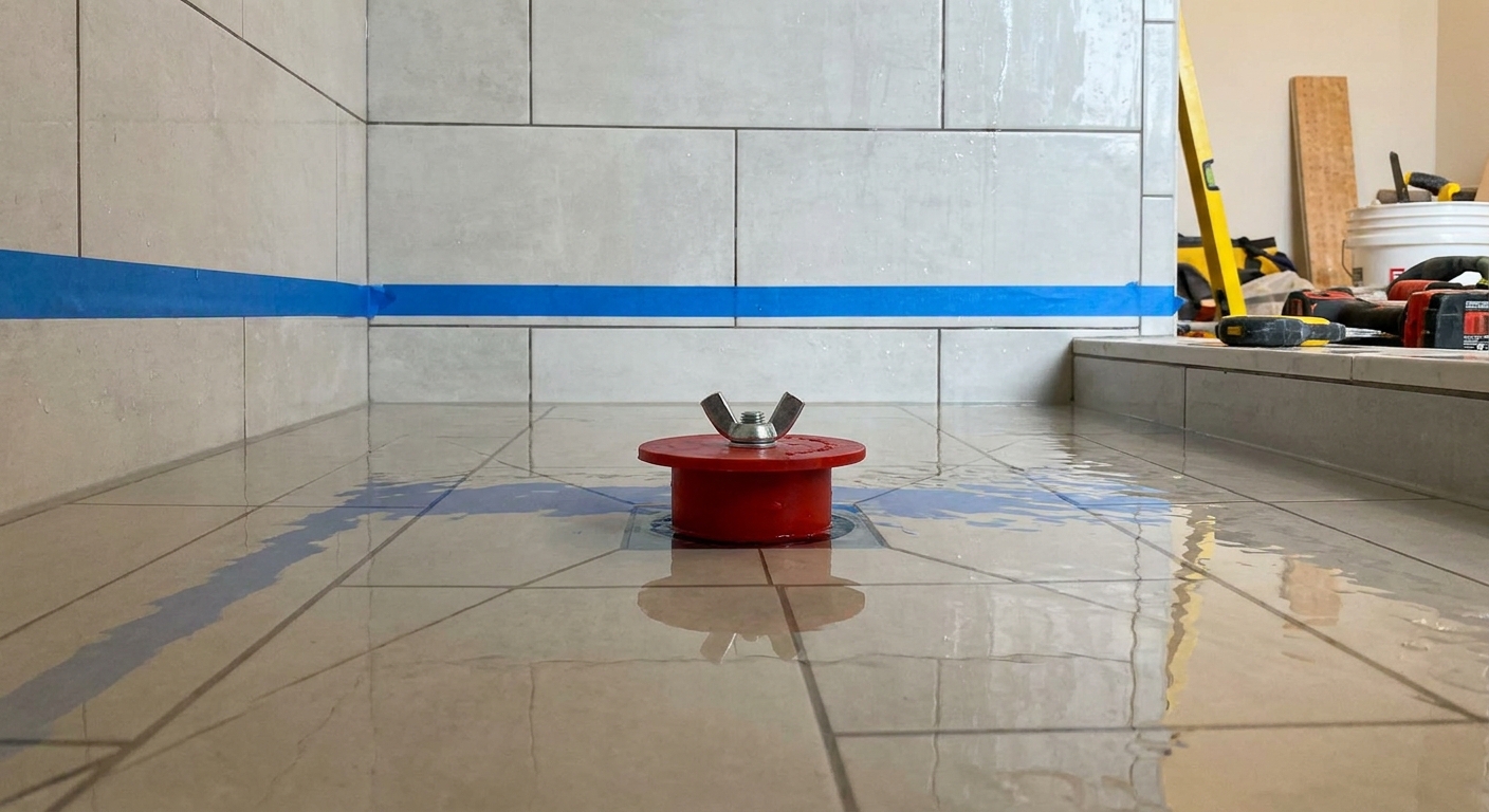 A tiled shower floor partially filled with water for a flood test, with a mechanical test plug installed in the drain and painter’s tape marking the waterline on the wall tile