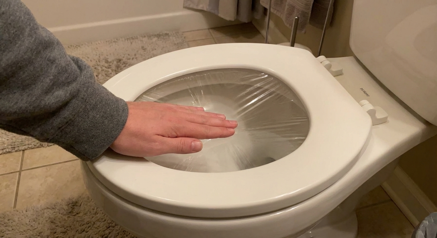 A toilet bowl tightly covered in clear plastic wrap with the toilet seat down, a homeowner pressing down gently on the stretched plastic surface to create pressure, bathroom lighting, photorealistic
