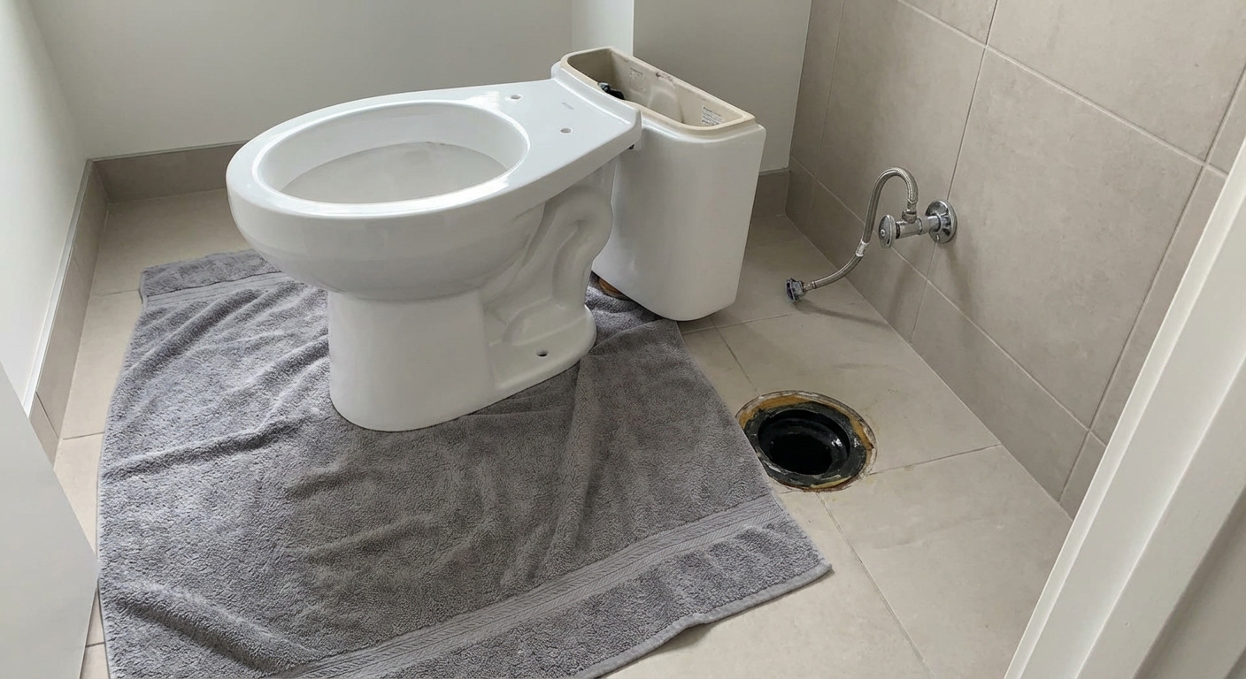 A toilet lifted off the floor and set on a towel in a bathroom, with the drain opening visible