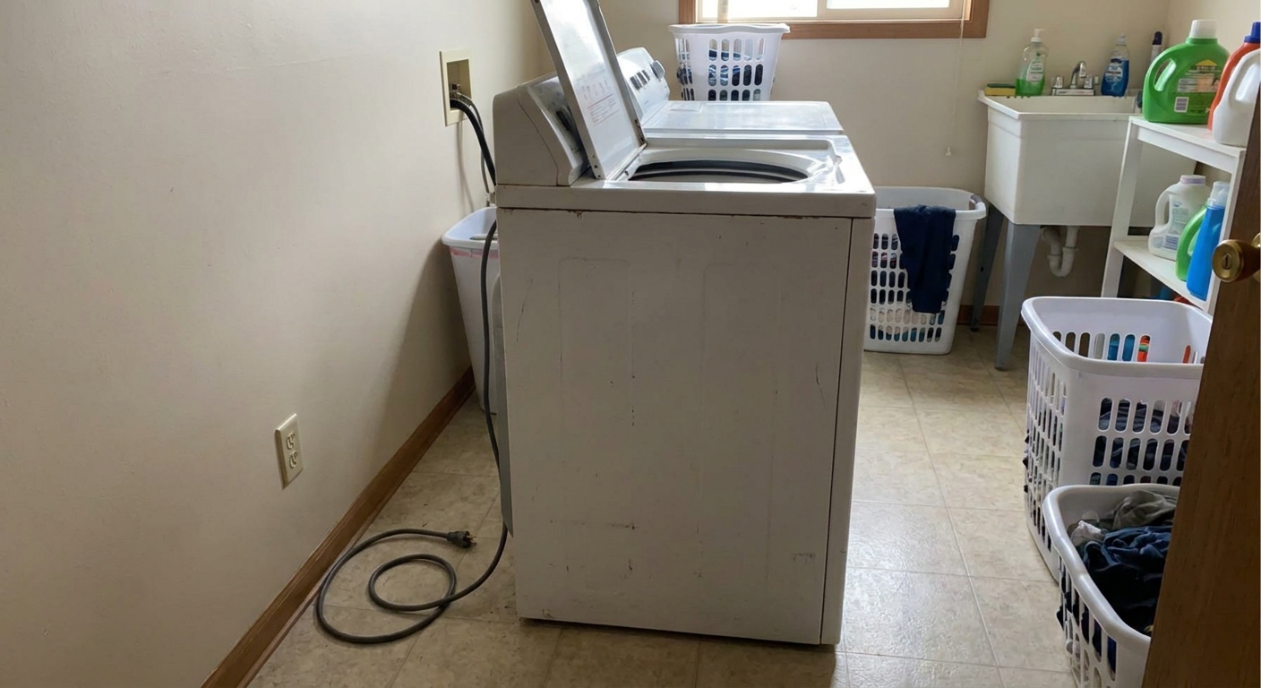 A top-load washing machine pulled slightly away from the wall with the power cord unplugged from the outlet, in a typical laundry room, real photo
