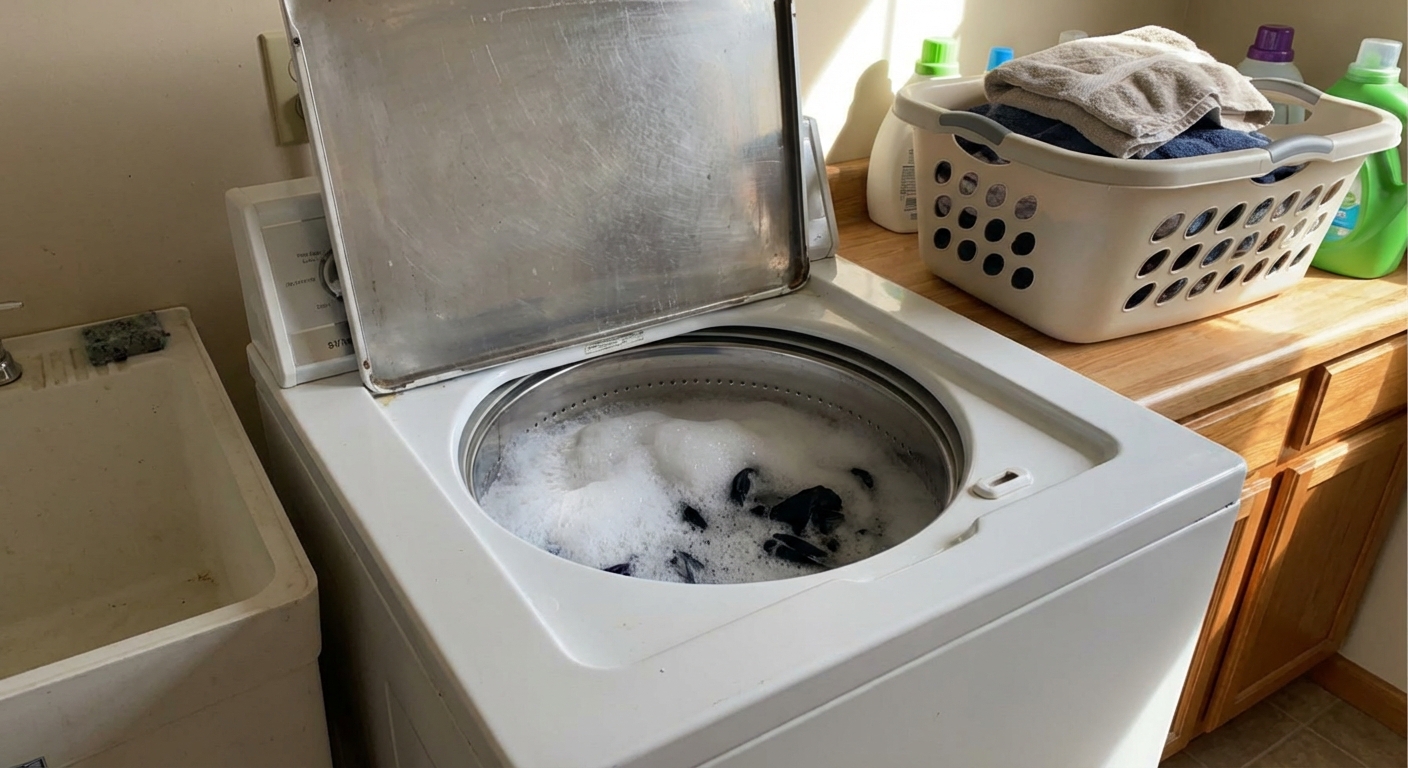 A top-loading washing machine with the lid open and thick soap suds visible at the water line, laundry room photo, photorealistic