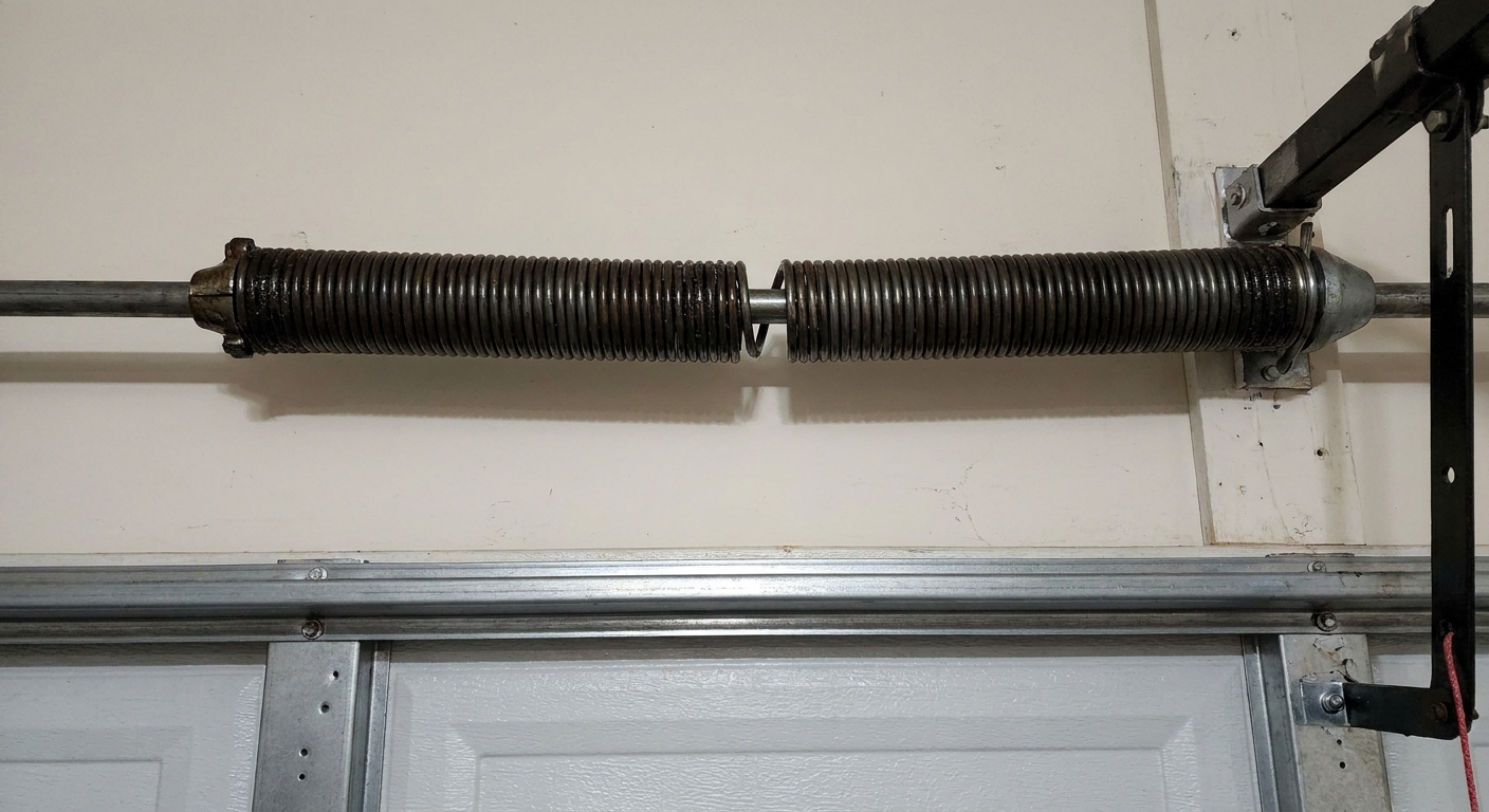 A torsion spring mounted above a garage door with a visible separation in the coil showing a broken spring