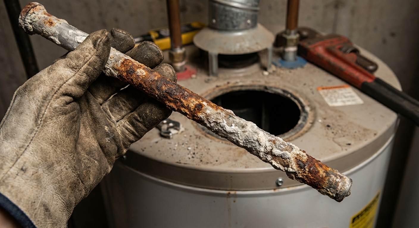 A used water heater anode rod held in a gloved hand above the top of a tank water heater, showing corrosion and mineral buildup, realistic home repair photo