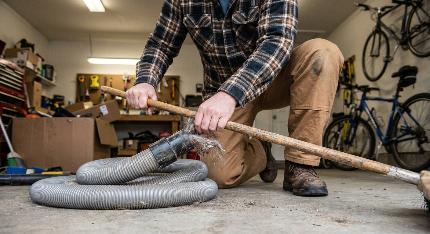 A vacuum cleaner hose laid on a garage floor while a person uses a wooden broom handle to push out a clog, real scene