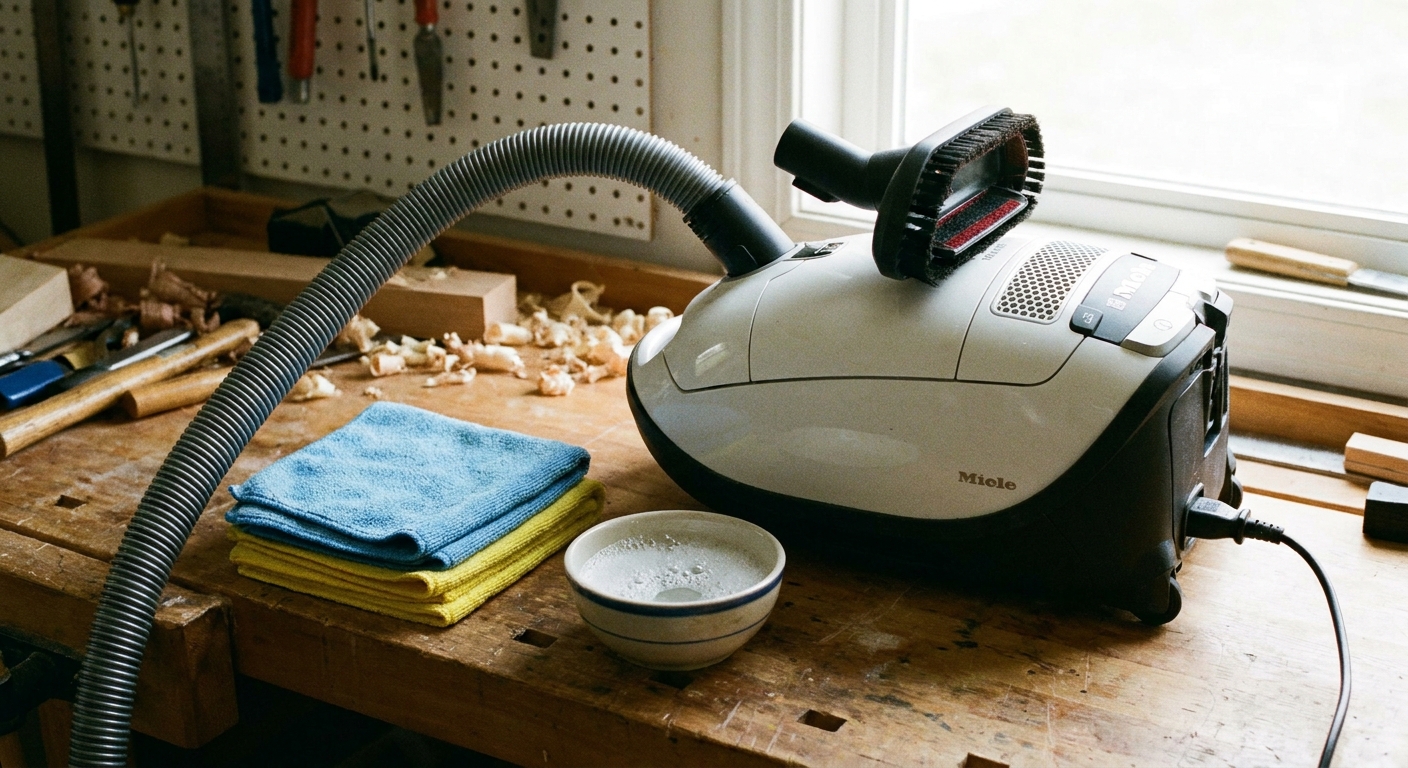 A vacuum with a brush attachment, microfiber cloths, and a small bowl of soapy water laid out on a workbench