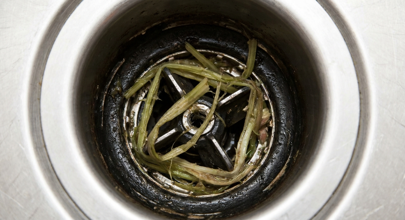 A view looking down into a garbage disposal where stringy vegetable fibers are tangled around the metal grinding components