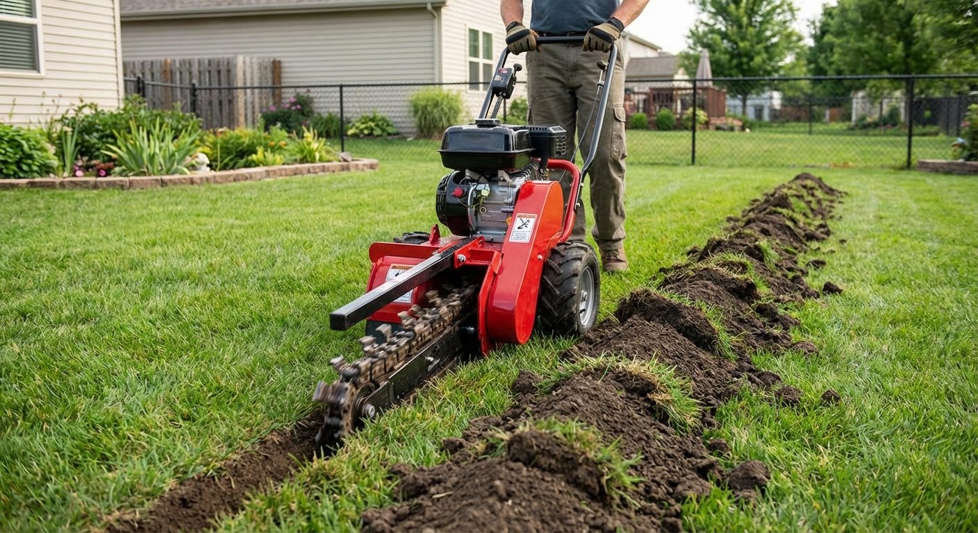 A walk-behind trenching machine cutting a narrow trench through a grassy backyard, soil piled neatly to one side, realistic outdoor photo
