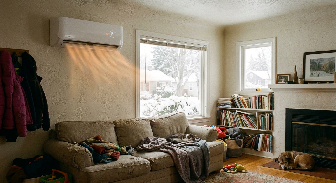 A wall-mounted ductless mini-split indoor unit running in heat mode in a lived-in living room on a winter day, real photo style