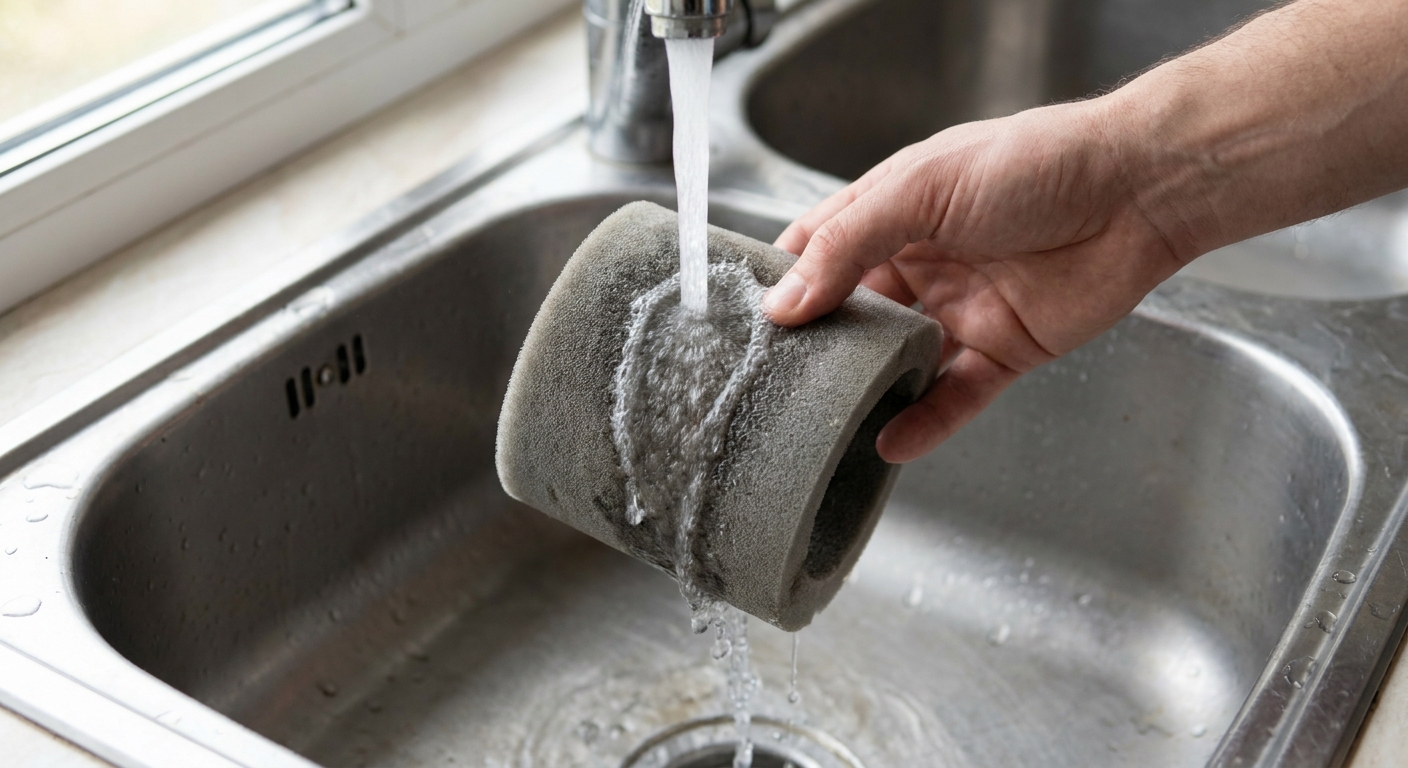 A washable foam vacuum filter being rinsed under cool running water in a stainless kitchen sink, real photo
