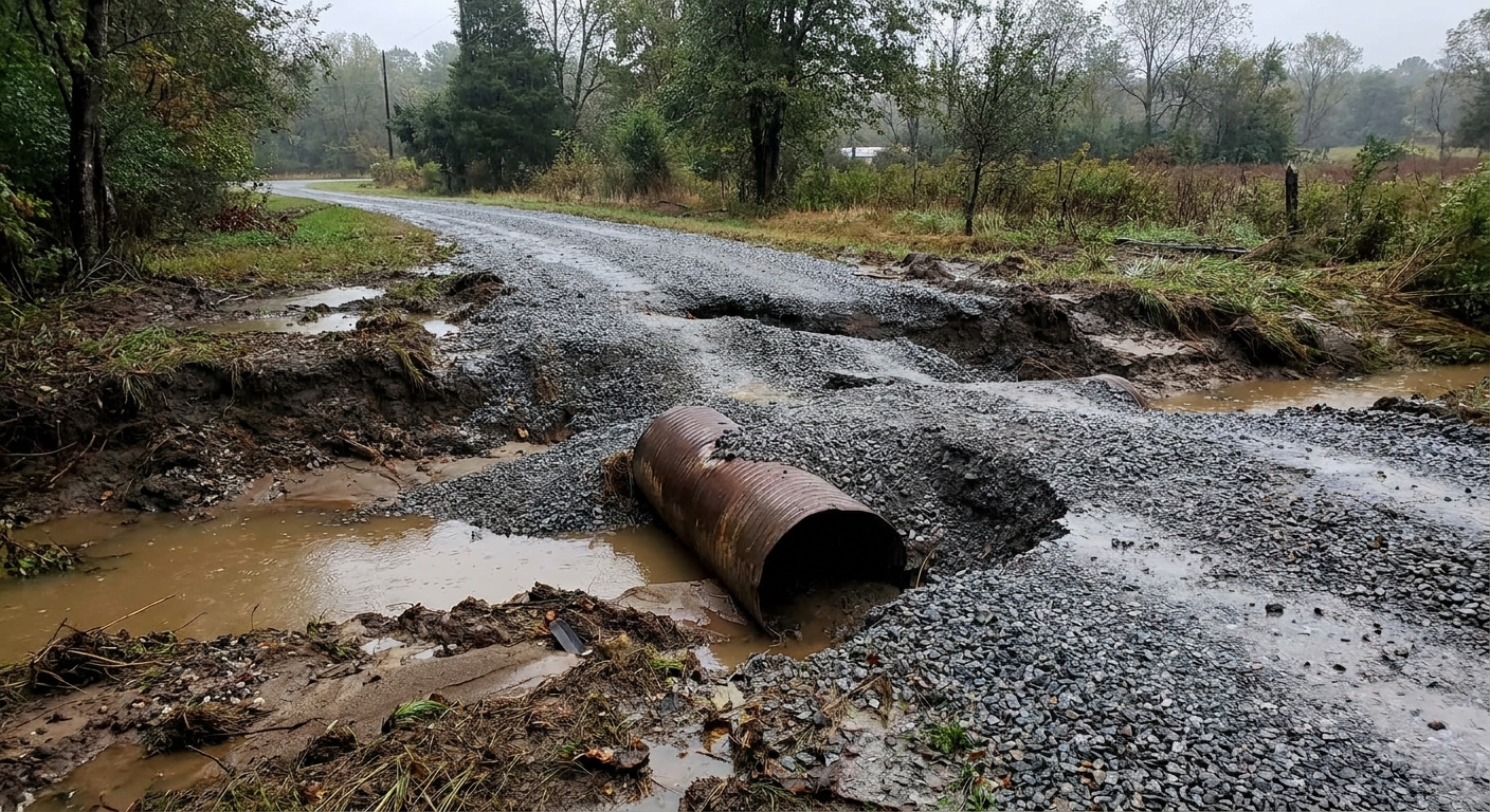 A washed out gravel driveway with eroded edges and an exposed culvert pipe after high water, muddy standing water nearby, realistic outdoor photo