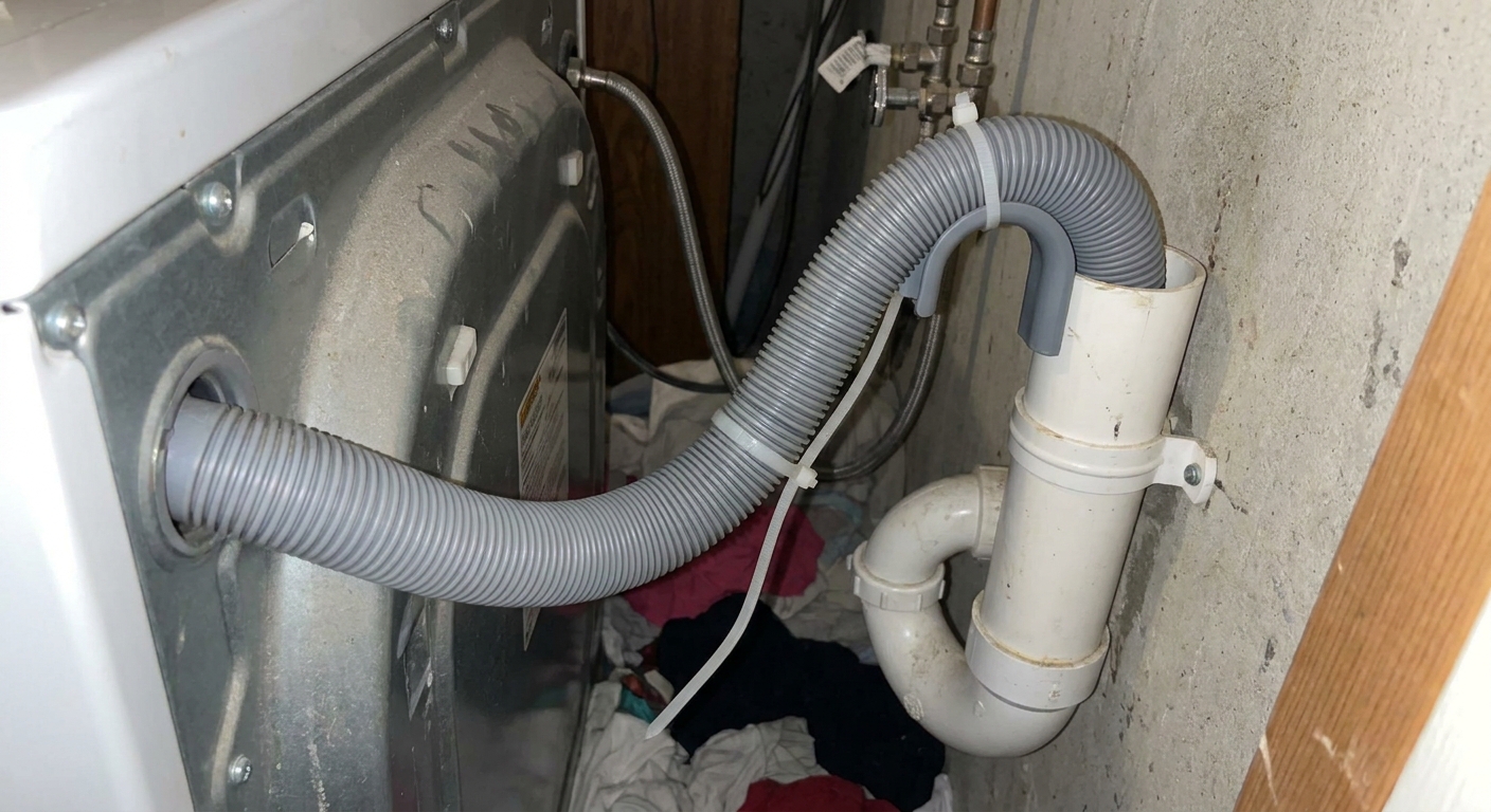 A washing machine drain hose inserted into a plastic standpipe behind the washer, showing a typical laundry drain setup
