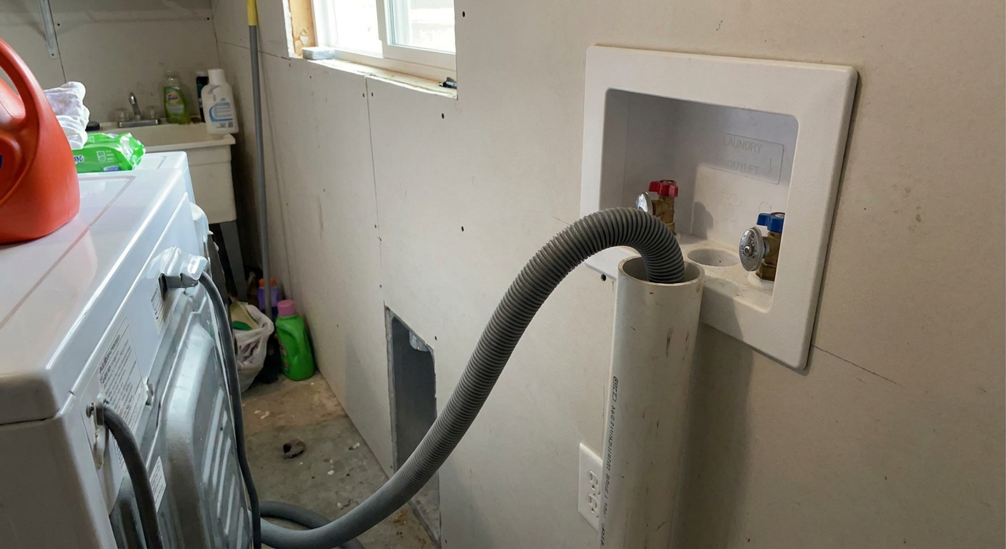 A washing machine drain hose inserted into a white standpipe with a laundry box in the wall