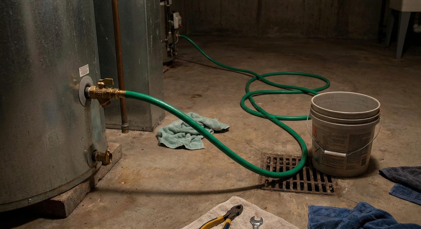 A water heater drain valve connected to a garden hose leading to a floor drain in a basement, with a bucket nearby, realistic maintenance photo