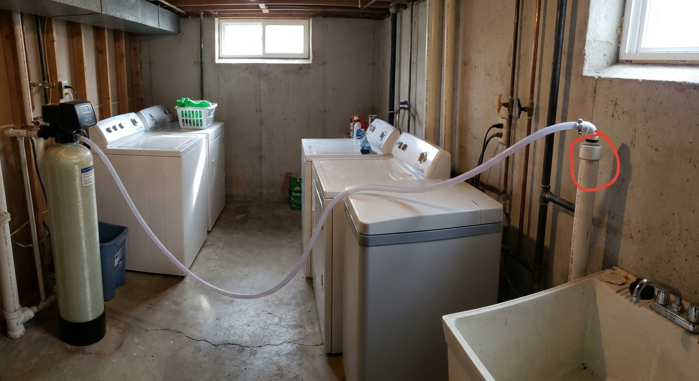 A water softener drain hose routed to a standpipe with an air gap in a basement laundry area