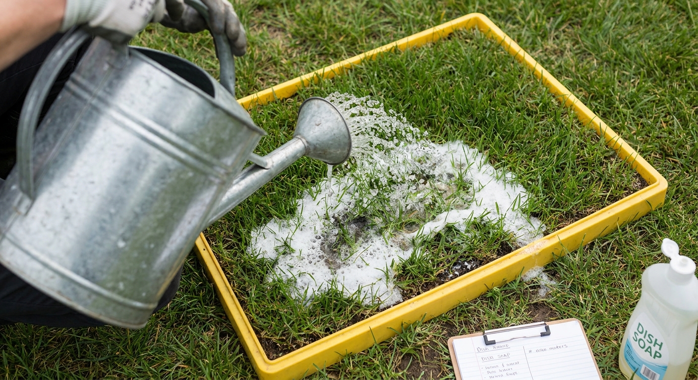 A watering can pouring soapy water onto a small patch of grass for a sod webworm drench test