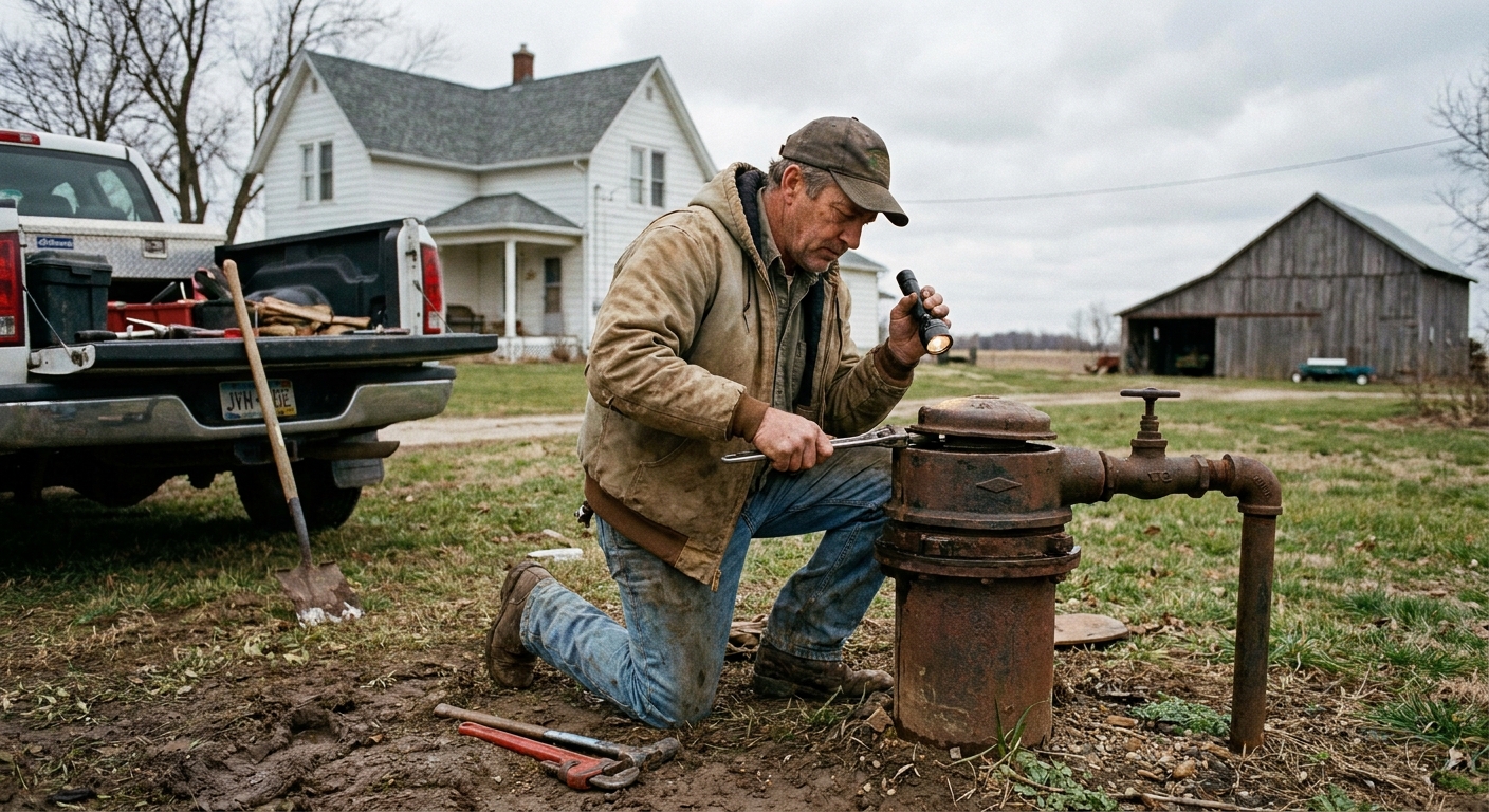 A well contractor kneeling beside a private wellhead in a rural yard, inspecting the well cap and casing, real photo