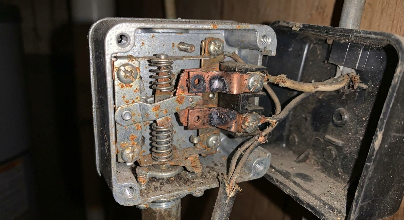 A well pressure switch interior showing darkened, pitted electrical contact points and light rust on the metal parts
