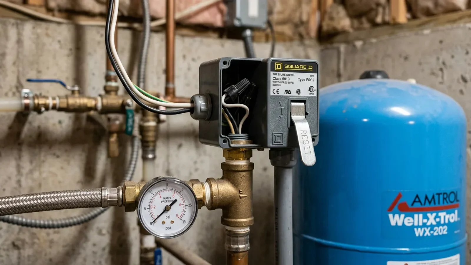 A well pressure switch with a small metal reset lever on the side next to the pressure tank piping