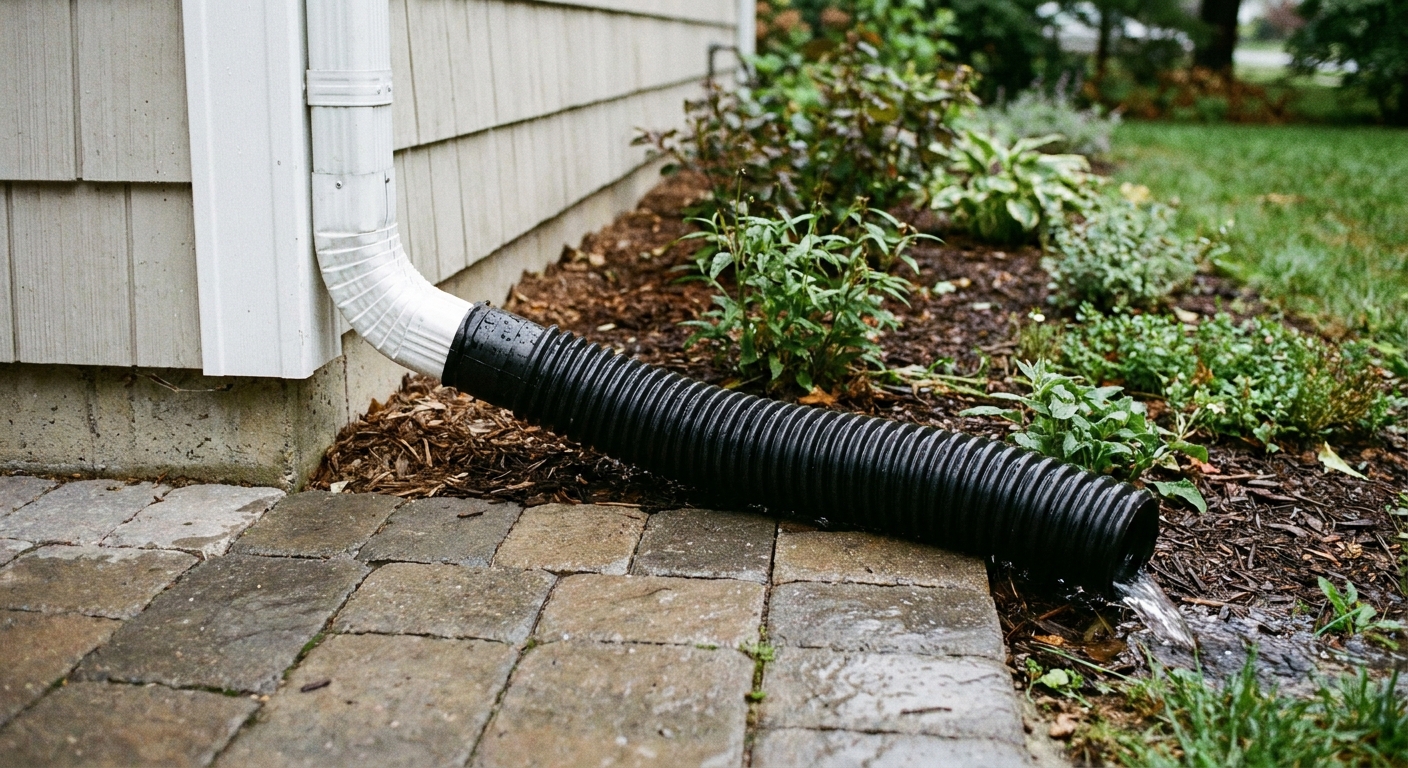 A white downspout with a black flexible extension directing rainwater away from a paver patio edge beside a house, realistic photo