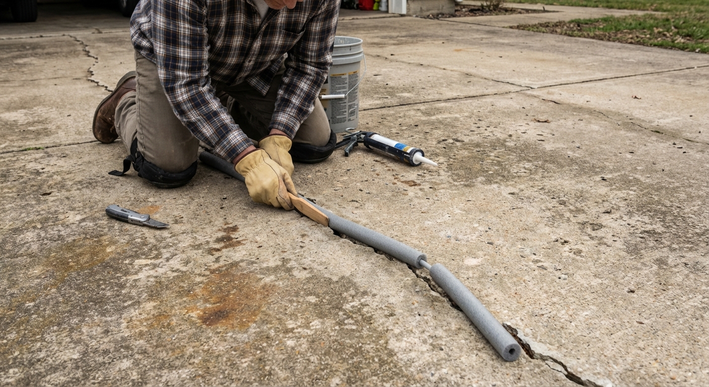 A wide concrete driveway crack with a foam backer rod partially installed before sealing
