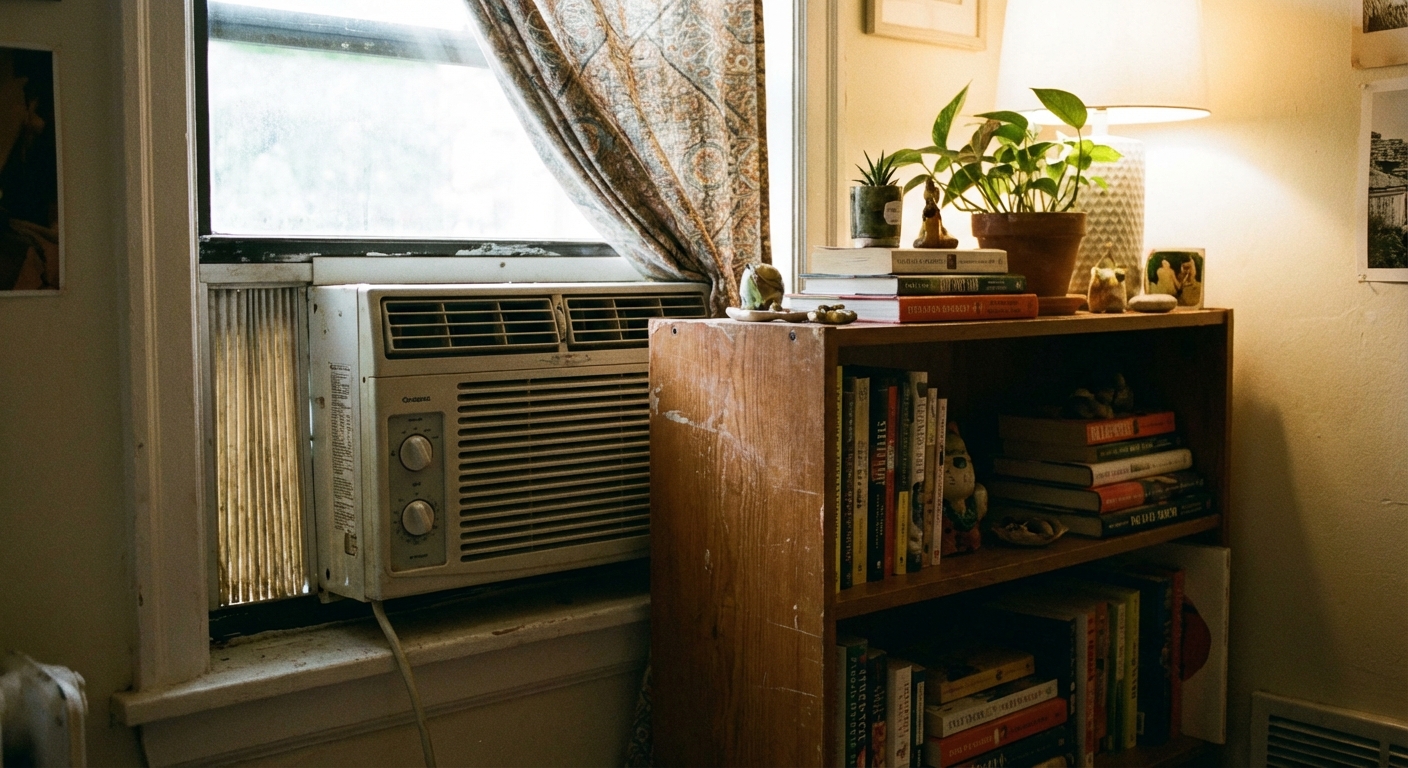 A window air conditioner with a curtain and a piece of furniture partially blocking the front air vents inside a small apartment room, natural indoor lighting