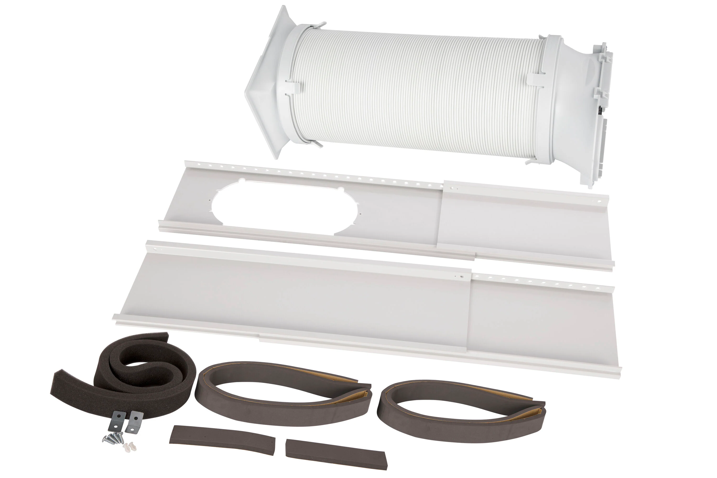 A window-mounted portable air conditioner vent panel with foam weatherstripping sealing the edges in a double-hung window