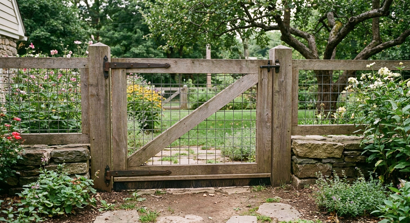 A wooden garden gate with welded wire mesh and a low gate sweep closing tightly to the ground in a backyard
