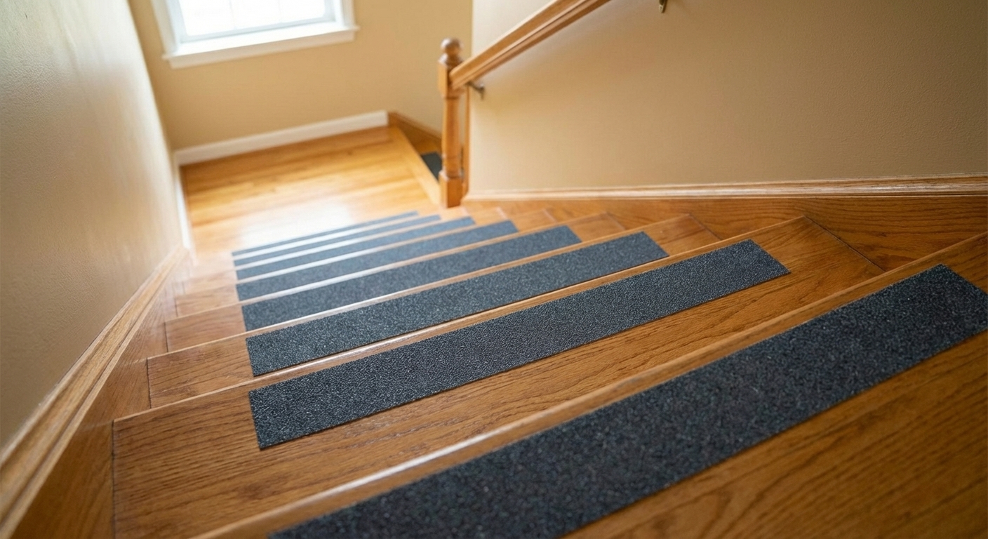 A wooden staircase with non-slip grip tape applied neatly to the front edge of each tread, photographed from above with natural light