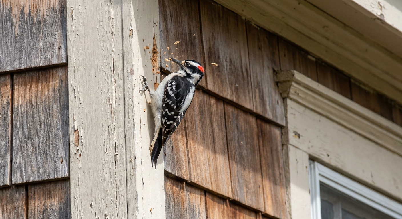 A woodpecker clinging to cedar lap siding on a house exterior, pecking near a corner trim board in daylight, real-life photography