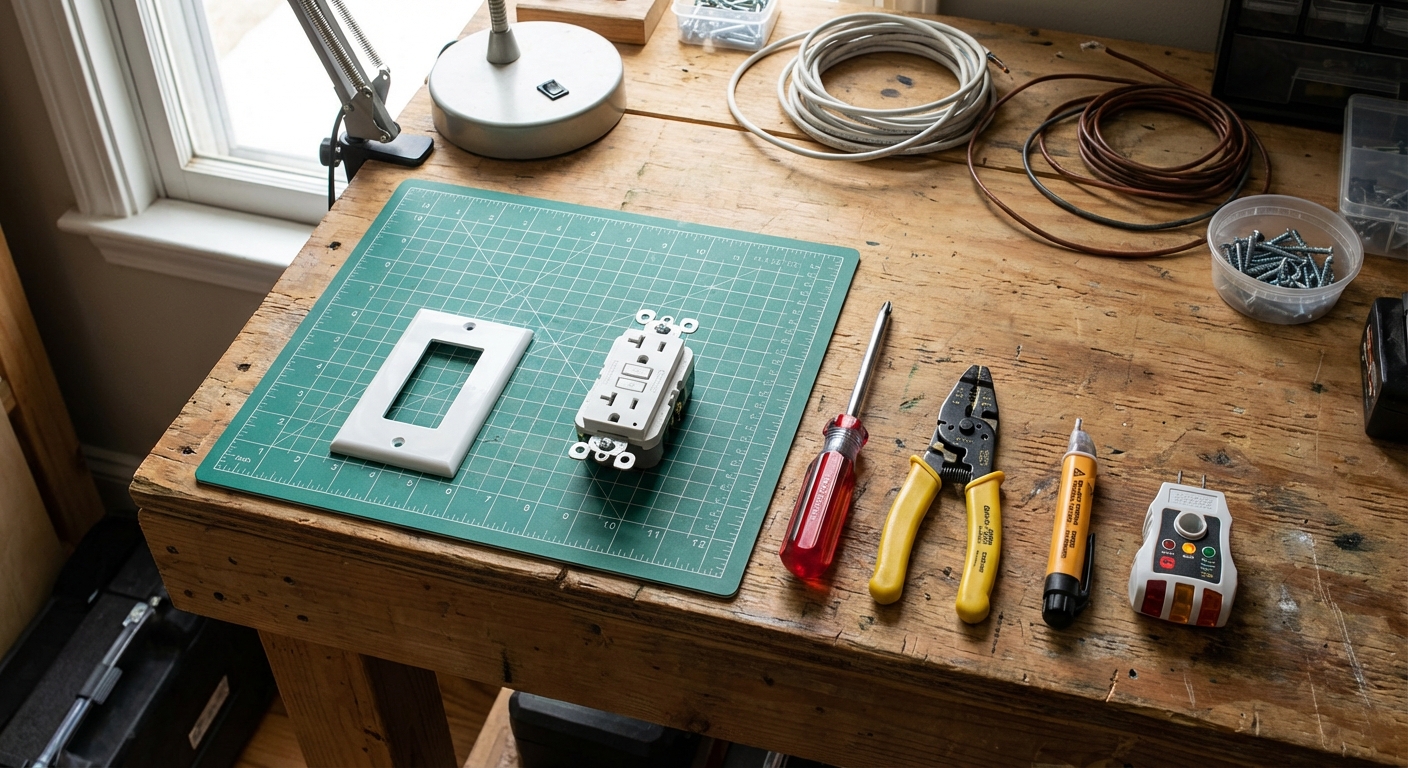 A workbench with a GFCI outlet, outlet cover plate, screwdriver, wire strippers, non-contact voltage tester, and a plug-in outlet tester laid out neatly, realistic photo