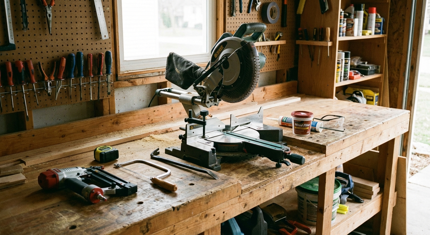 A workbench with a compound miter saw, brad nailer, tape measure, coping saw, pry bar, wood filler, caulk tube, and safety glasses laid out neatly in a garage workshop