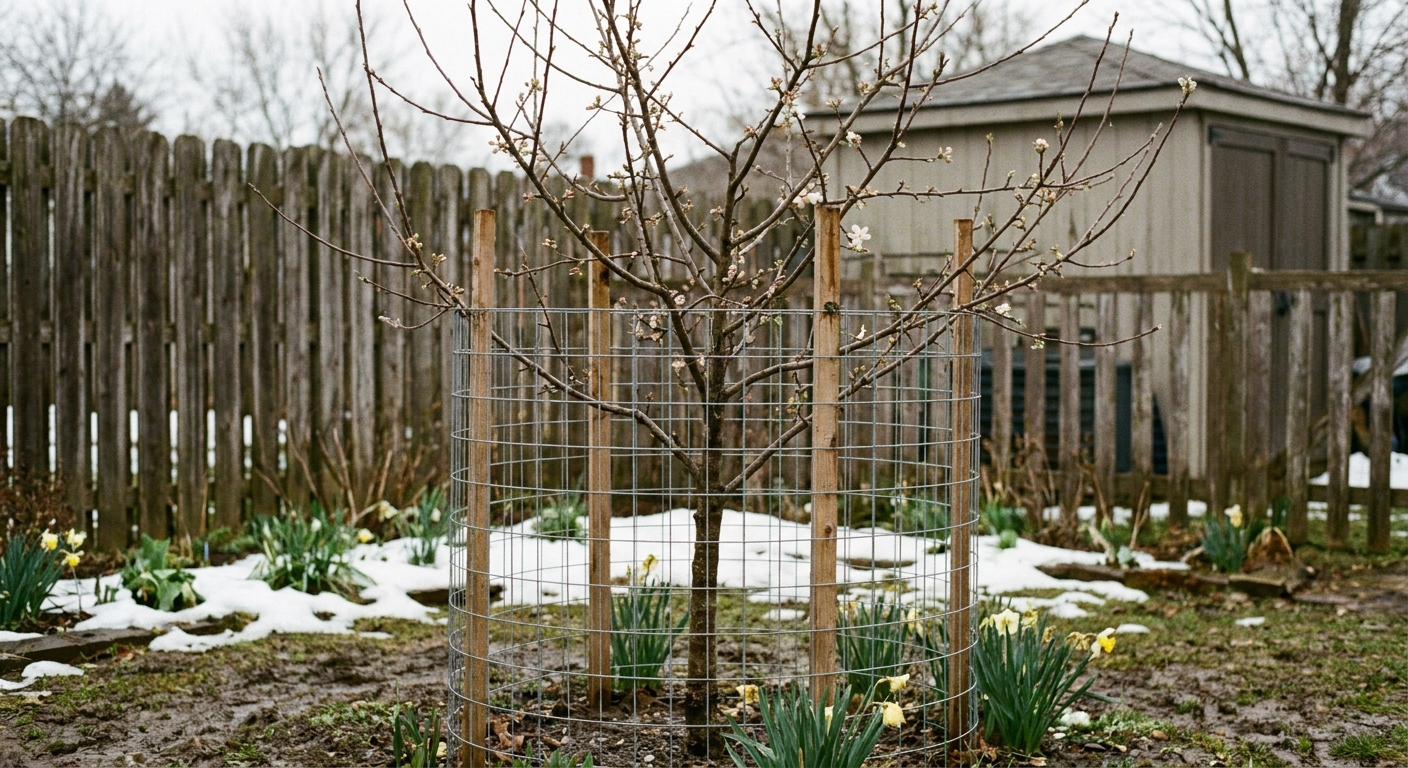 A young backyard fruit tree surrounded by a cylindrical wire cage staked into the ground, early spring photo